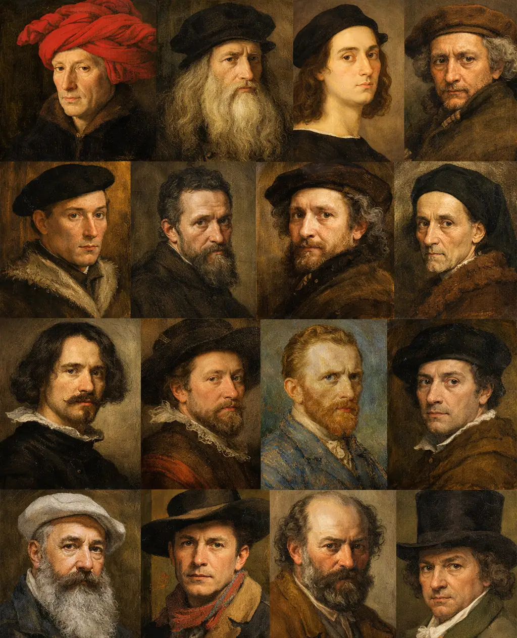 A grid of sixteen classical-style oil portraits of men, including a self-portrait of Vincent van Gogh
