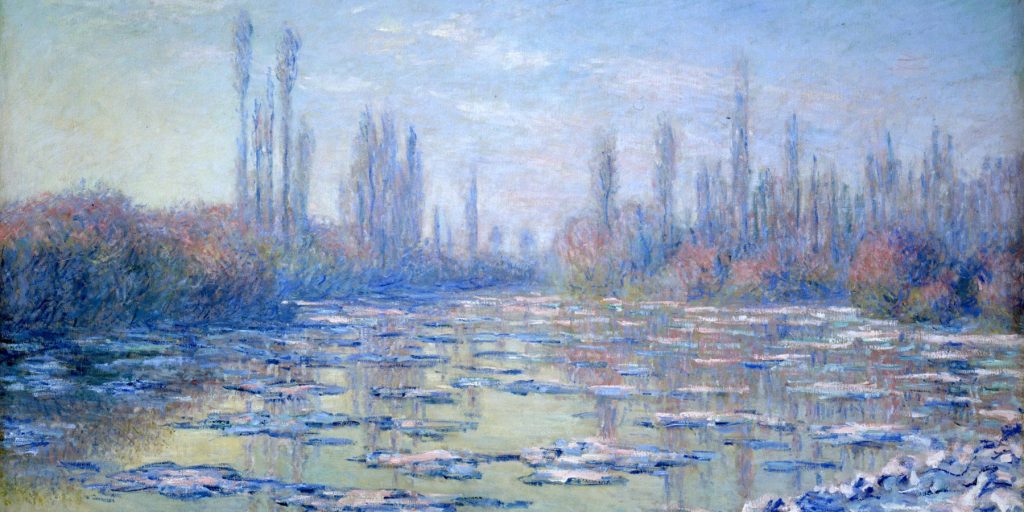 A serene landscape painting depicting a calm water surface with floating lily pads and reflections, surrounded by trees and soft pastel colors.