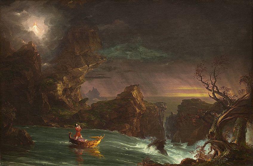 A woman in a boat navigates through a turbulent sea, surrounded by dramatic cliffs and a dark sky illuminated by a distant light, creating a mysterious and romantic atmosphere.