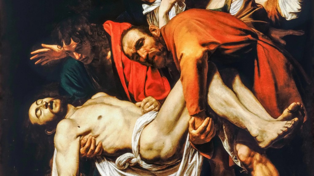 A dramatic scene depicting several figures mourning over a lifeless body, illustrating themes of grief and sacrifice.