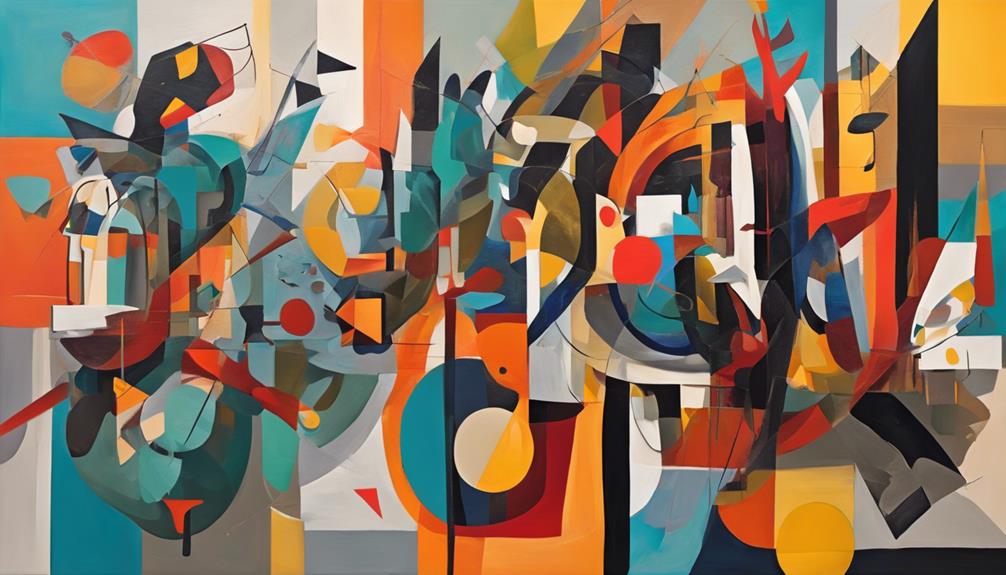 An abstract painting featuring vibrant colors and geometric shapes, including circles, triangles, and lines, arranged in a dynamic composition.